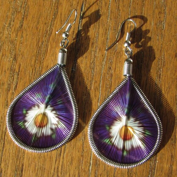 Purple Floral Woven String Art Dangle Earrings Silver Tone - Picture 1 of 8